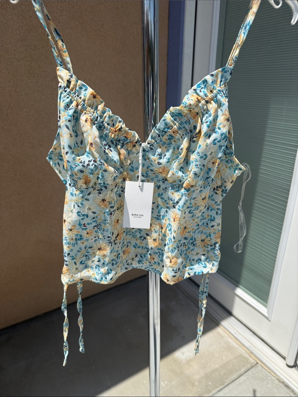 Active USA Blue and Cream Floral Ruffle Cami